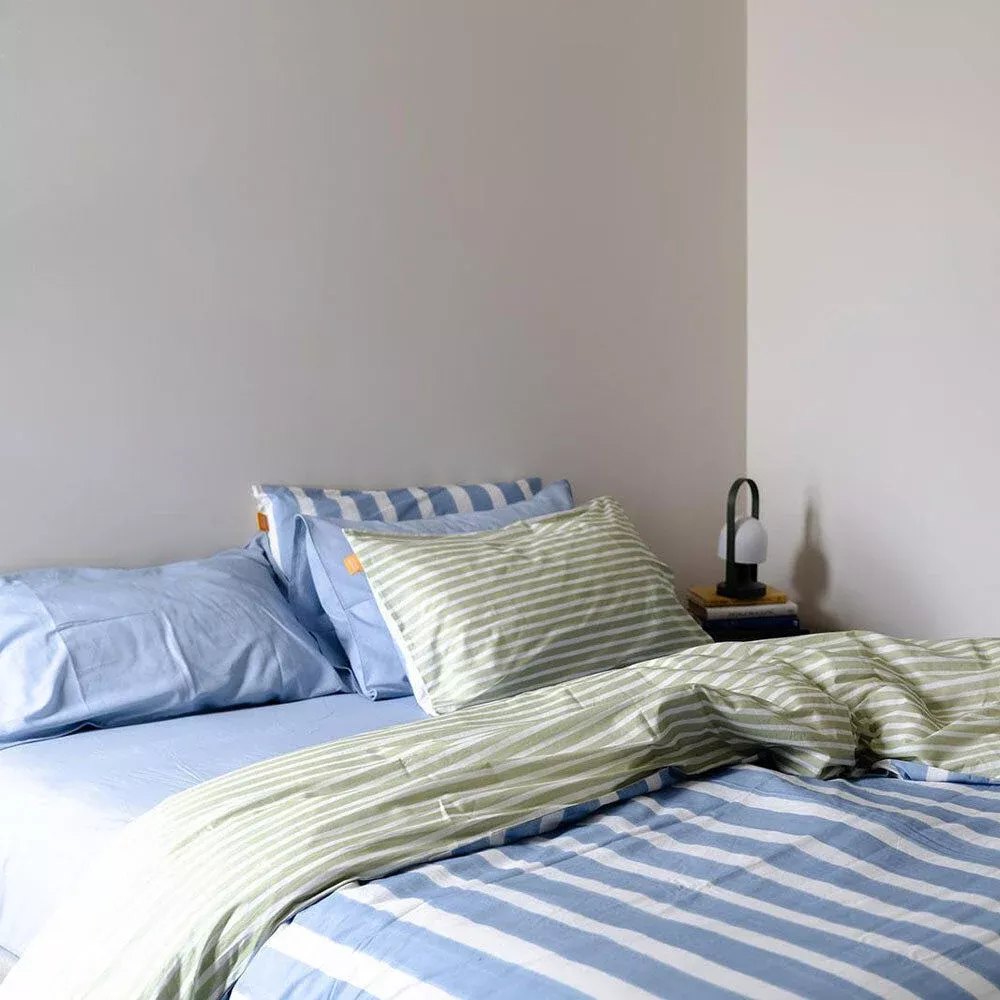 100% Cotton Duvet Quilt Cover Set w/ 2 Pillow Cases in Reversible Blue/Green/White Stripe – Double