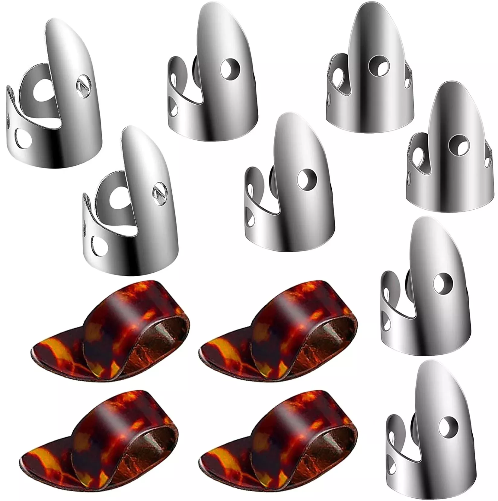 12pcs Adjustable Finger Thumb Picks Set Includes 8pcs Silver Stainless Steel Finger Picks and 4pcs Plastic Thumb Picks for Guita