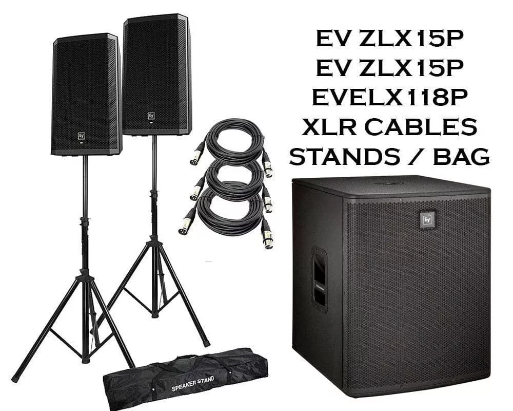 (2) Electro-Voice ZLX-15P 15” Powered Loudspeakers Packaged with Electro-Voice ELX118P 700 Watt 18″ Powered Subwoofer + Speaker stand + (2) XLR to XLR Cables 15ft.