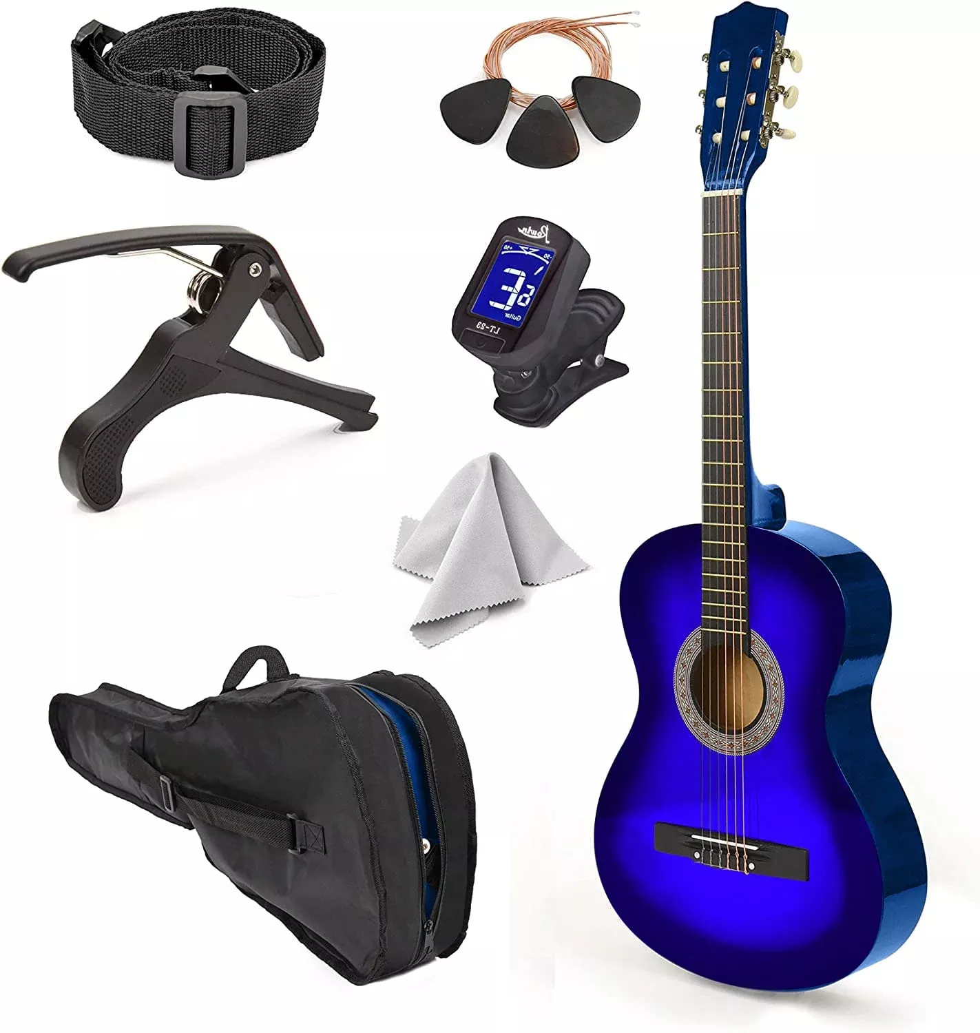 30 Left Handed Wood guitar with case and Accessories for KidsgirlsBoysTeensBeginners (Blue gradient))