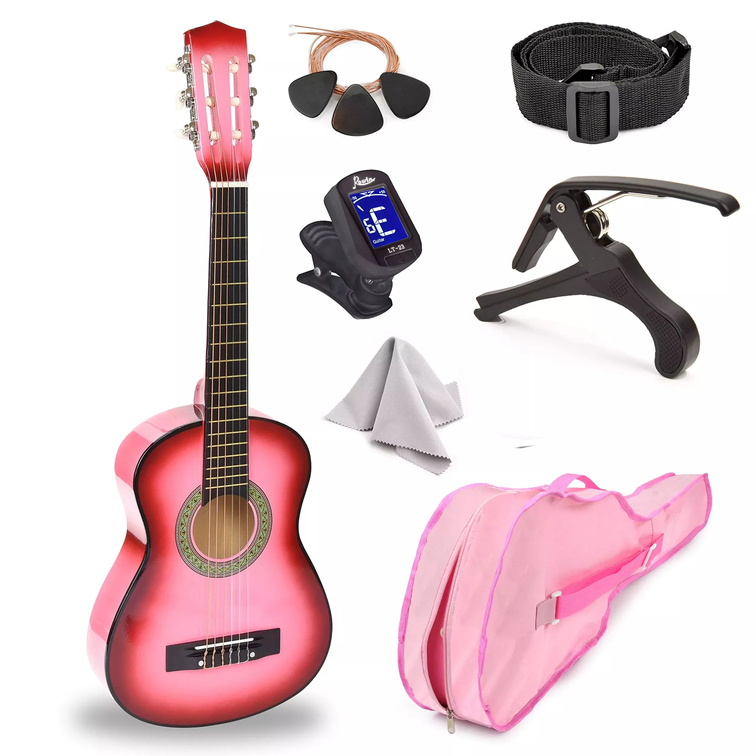 30'' Wood Guitar with Case and Accessories for Kids/Girls/Boys/Beginners (Pink Gradient)