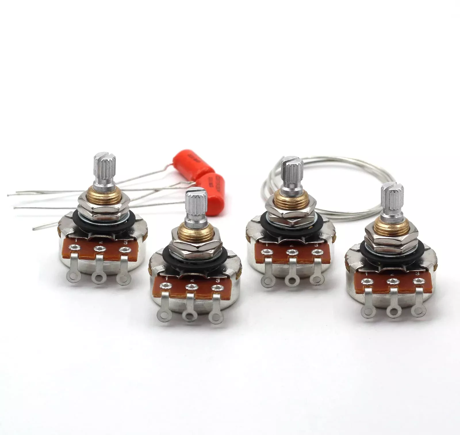 (4x) Bourns 500K SHORT SPLIT Shaft Audio Potentiometers + (2x) .022uf Orange Drop Capacitors - For Electric Guitar