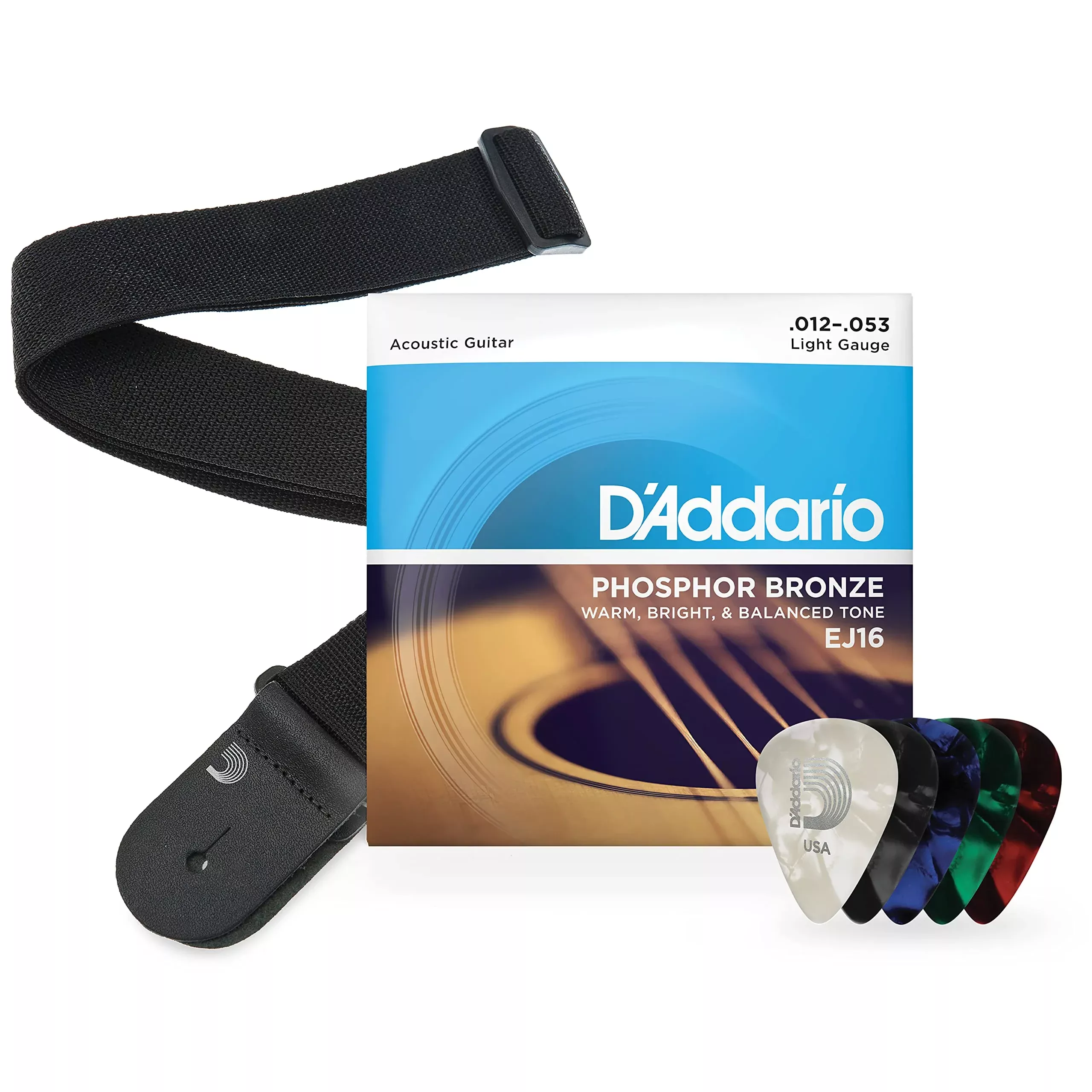 D'Addario Acoustic Guitar Strings, Picks, Strap Beginner Kit - EJ16 Phosphor Bronze Acoustic Strings, 12-53 Light - Poly Pro Bla
