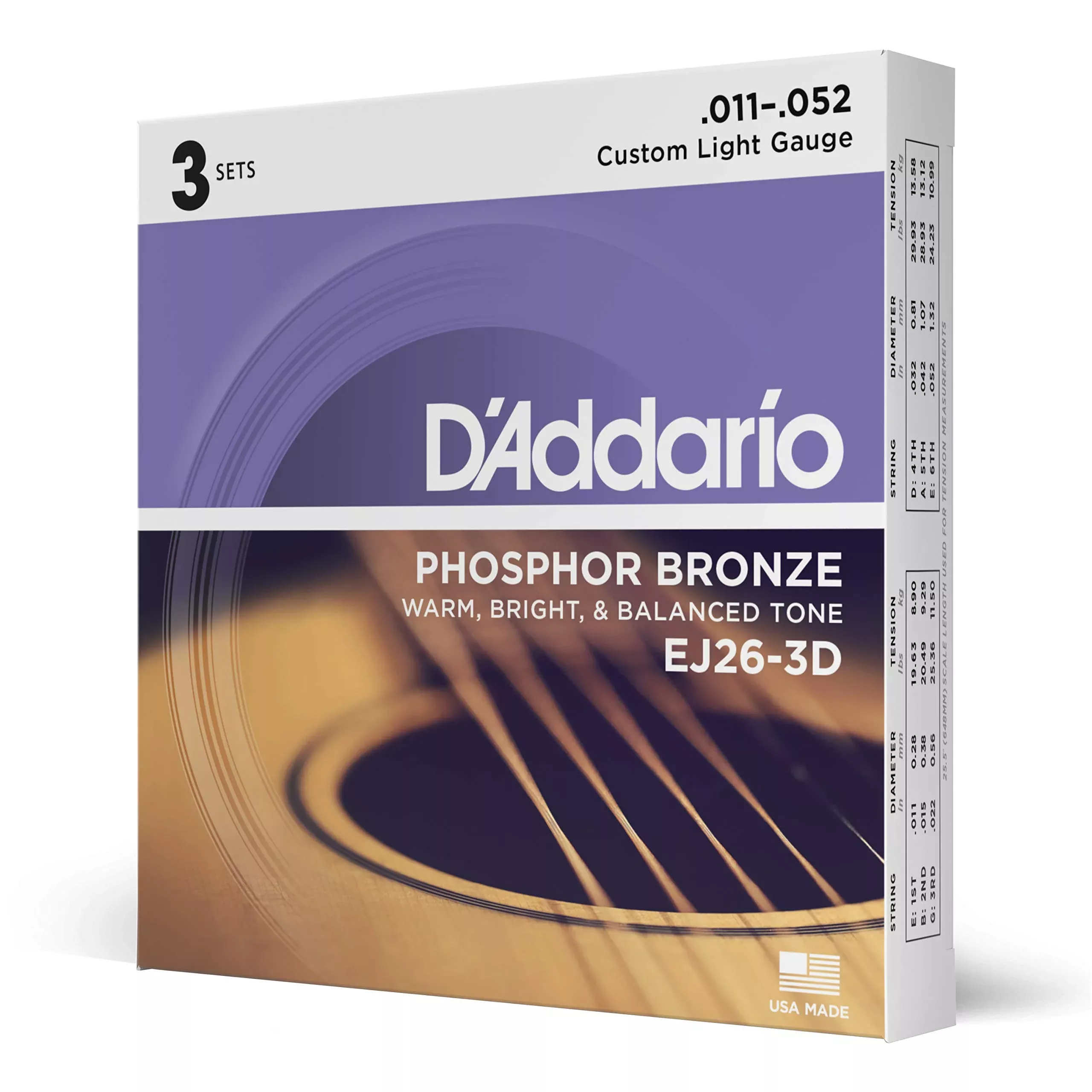 D'Addario Guitar Strings - Phosphor Bronze Acoustic Guitar Strings - EJ26-3D - Rich, Full Tonal Spectrum - For 6 String Guitars