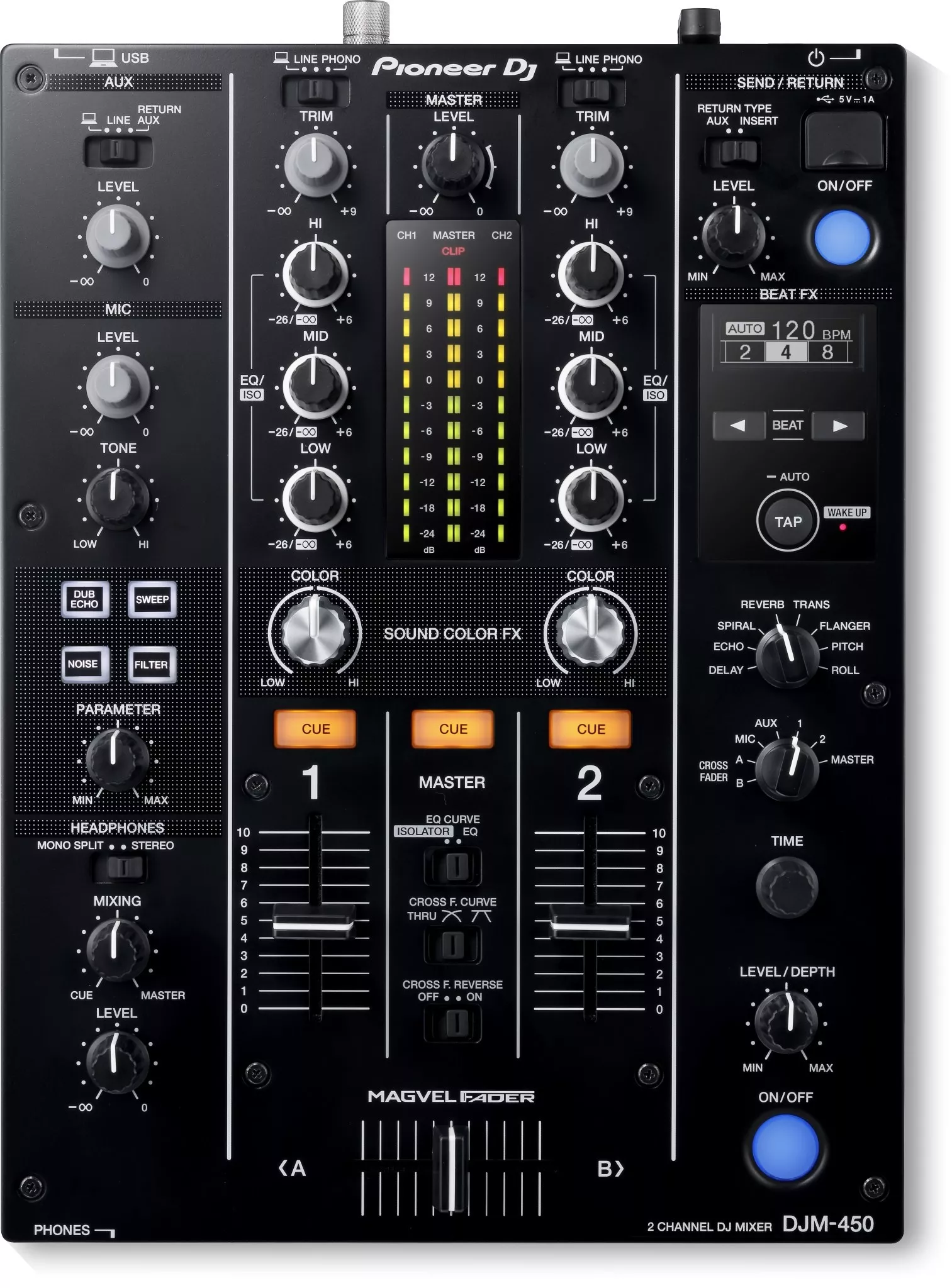 DJM-450: 2-channel DJ Mixer with Onboard 24-bit Audio Interface, 3-band EQs, Magvel Faders, Sound Color FX, Beat FX, and rekordbox dj/rekordbox DVS Software- Pioneer DJ