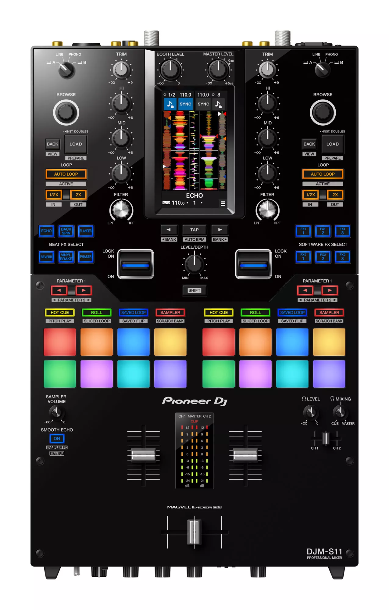 DJM-S11: 2-channel DJ Mixer with Dual USB Audio Interfaces, 16 Performance Pads and Effects Controls for Serato DJ, Onboard EQ/Filtering, and Magvel Pro Adjustable Crossfader- Pioneer DJ