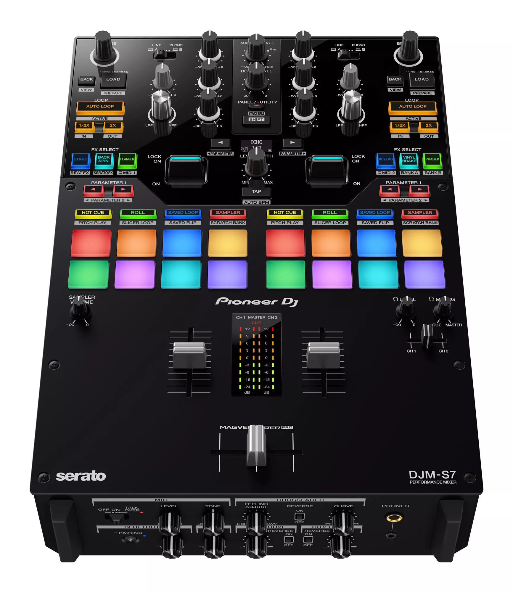 DJM-S7: 2-channel DJ Mixer with Dual USB Audio Interfaces, 16 Performance Pads and Effects Controls for Serato DJ, Magvel Fader Pro, and Bluetooth Connectivity - Pioneer DJ