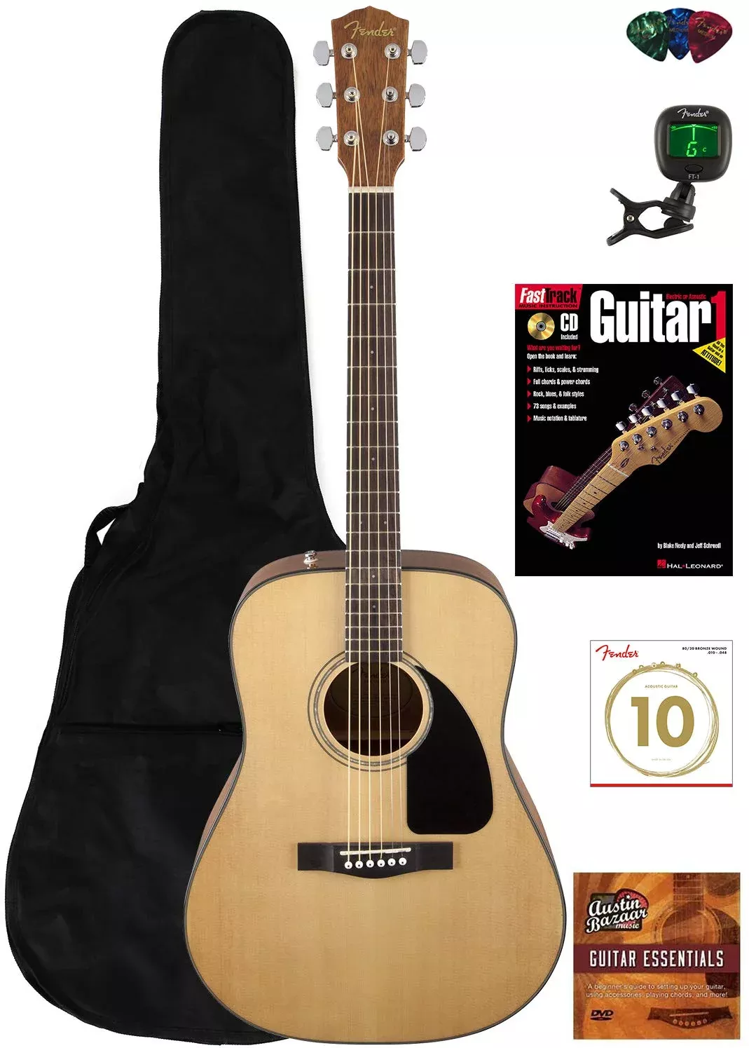 Fender CD-60 Dreadnought Acoustic Guitar - Natural Bundle with Gig Bag, Strap, Tuner, Strings, Picks, Instructional Book, and Au
