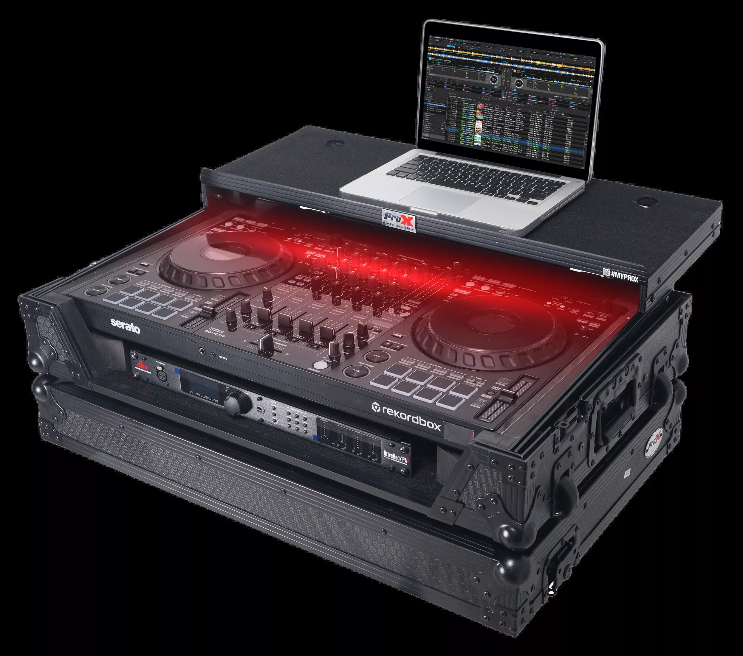 ProX ATA Flight Style Road Case For Pioneer DDJ-FLX10 or DDJ-GRV6 with Laptop Shelf 1U Rack Space Wheels and LED Black Finish